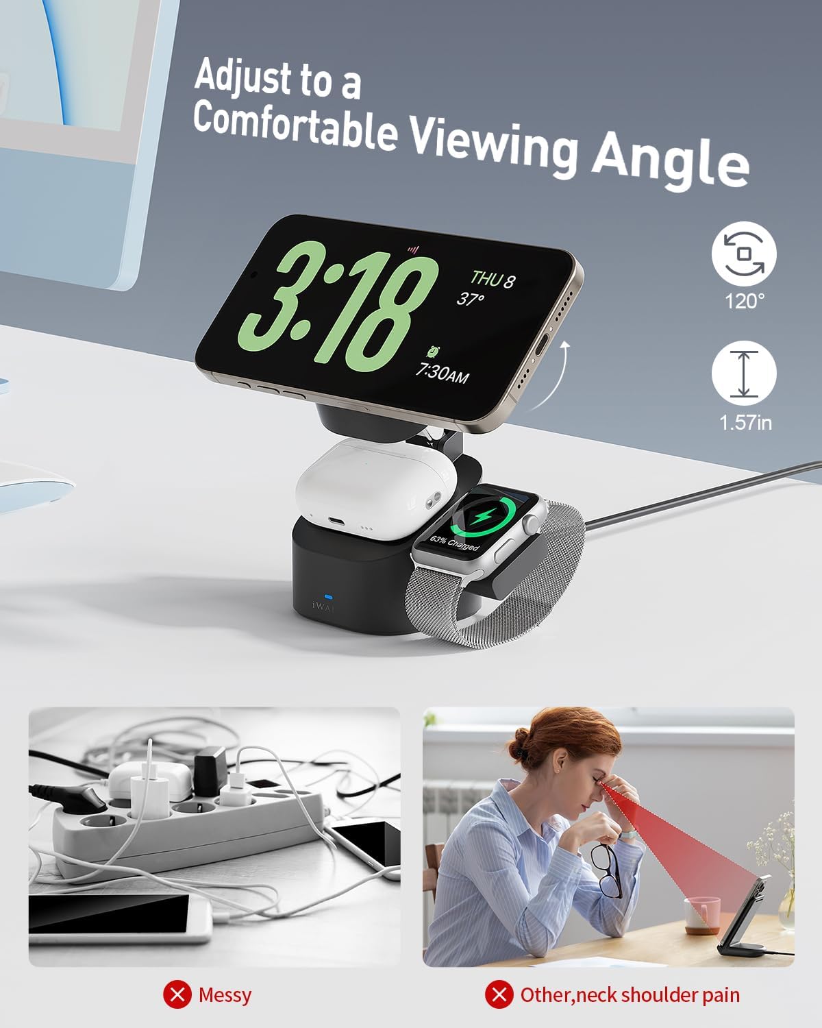 iWALK 3-in-1 Magnetic Wireless Charging Stand, 15W Foldable Charger Station for iPhone 16/15/14/13/12, Apple Watch & AirPods, Adjustable Dock with 20W USB-C Adapter