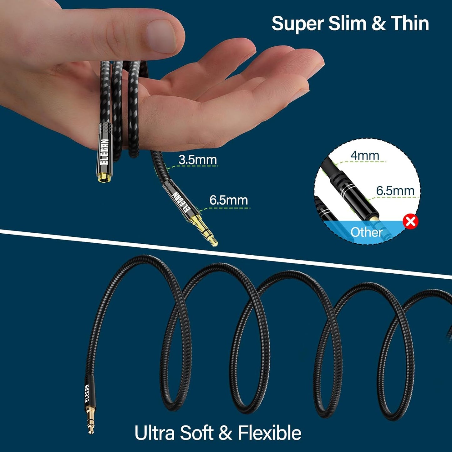 Elecan Headphone Extension Cable 20 Ft, 1/8 Inch 3.5 MM AUX Cord Wire Male to Female, Hi-Fi Sound Thin&Slim Braided TRS Stereo Audio Beats Cable Extender for Car,Home Stereos, Speaker,Phones