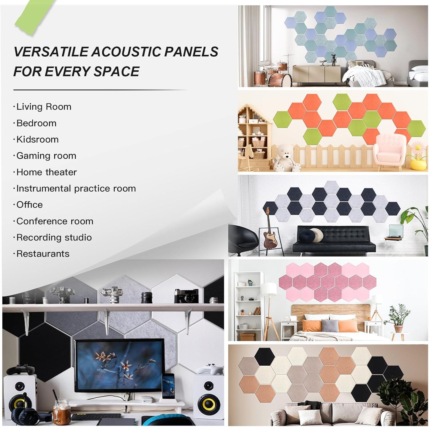 Mollywell Hexagon Acoustic Panels, High Density, Soundproofing, Decorative Noise Reduction Felt Wall Tiles for Ceilings, Home Office & Gaming Room (Ash Gray), 14x12x0.4 Inch