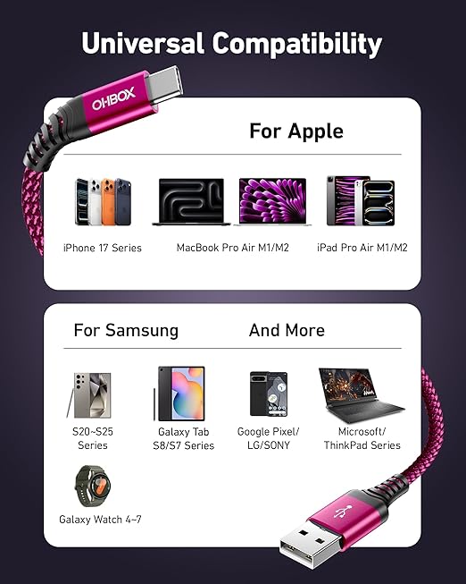 USB C Cable Fast Charging 10FT 2Pack, Long USB A to USB C Cable for Car, Durable Braided USB to USB Type C Cord iPhone USBC Charger for iPhone 17/16/15/Pro Max, Samsung Galaxy S23 and More-Rose