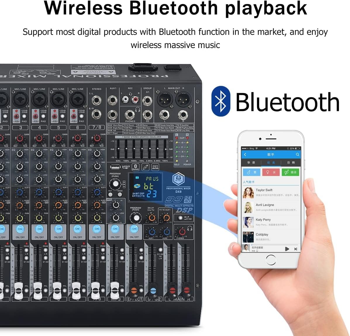W IN-MIX DX8 Professional DJ Audio Mixer 8 Channel with 99 DSP Effects,7-band EQ,Independent 48V Phantom Power&Mute Button,Bluetooth Function,USB Interface Recording For Studio