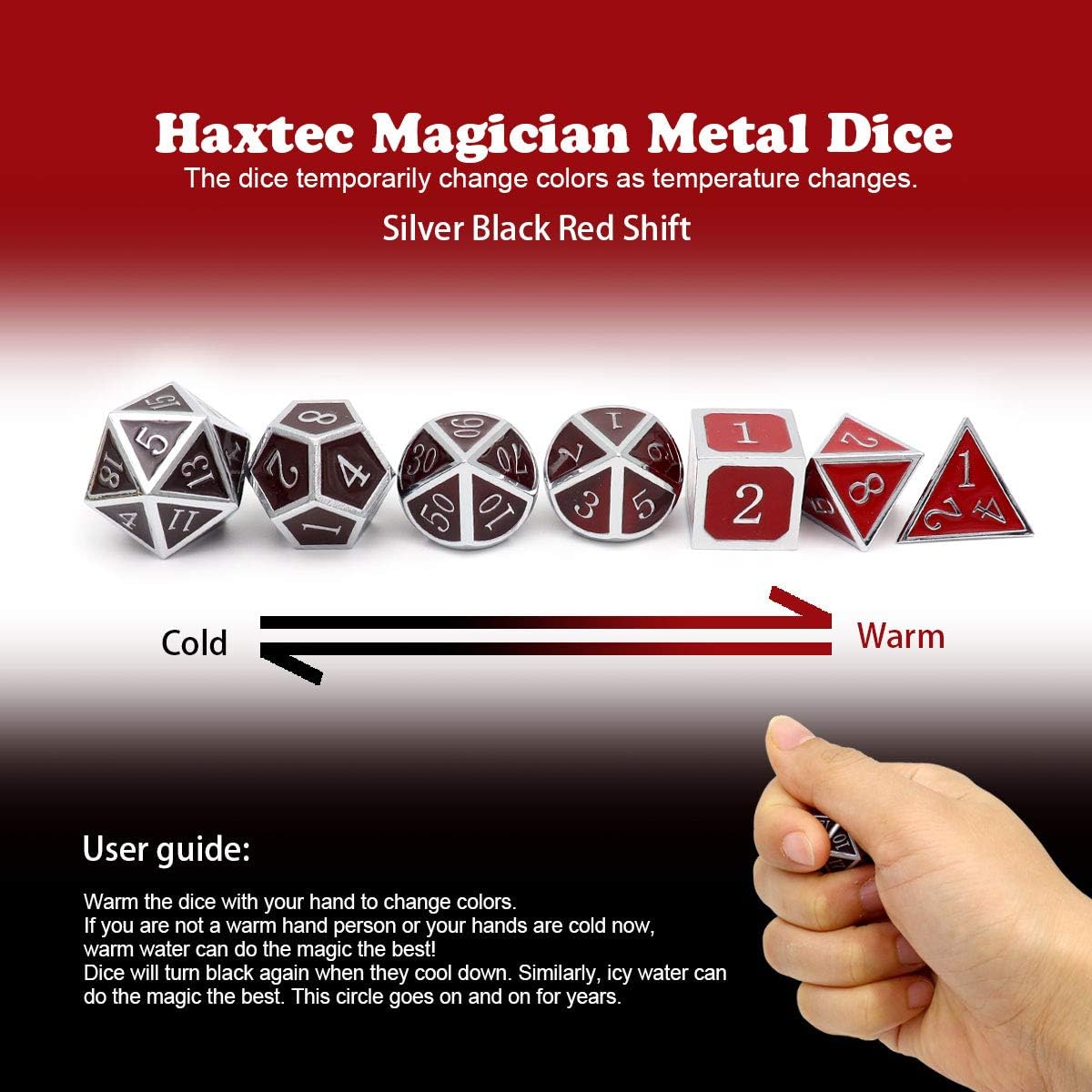 Haxtec Temperature Metal DND Dice Set Color Changing Polyhedral D&D Dice Set Compatible with Dungeons and Dragons RPG-Silver Black Red Shift