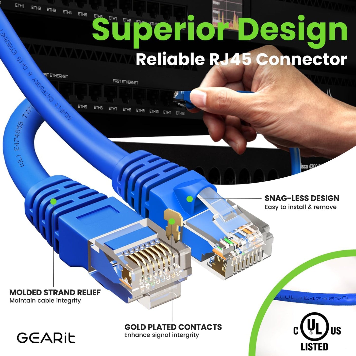 GEARit Cat 6 Ethernet Cable (100-Pack 1.5 Feet) Cat6 Network Patch, 10Gbps, RJ45, Snagless Cord, Gold-Plated Connectors, Internet for PC, TV, Tablet, Router, Printer, Servers, IT Data Center - Blue