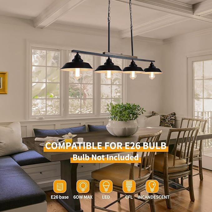 Kitchen Island Light, 4 Lights Black Pendant Dining Room Light Fixture Farmhouse Chandeliers for Dining Room Over Table Metal Hanging Lamp for Kitchen Island Hallway Pool Table