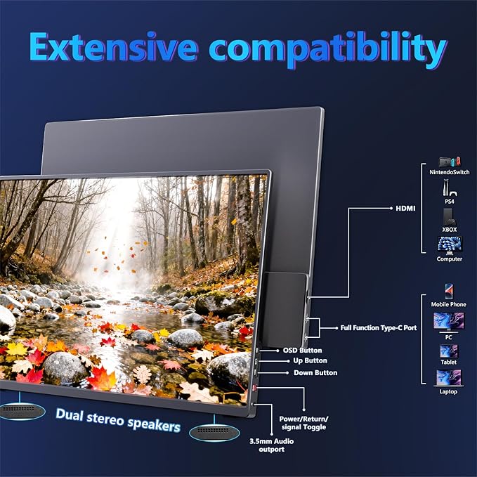 Portable Monitor 16inch 1200P 165Hz 450Nits 100%sRGB Portable Gaming Monitor USB-C HDMI Laptop Screen Extender, with Smart Cover,Dual Speakers, Portable Monitor for Laptop, PC Phone Xbox Switch