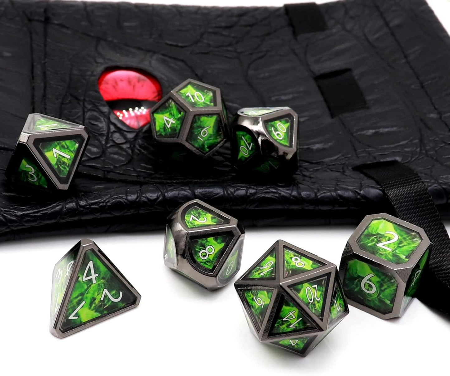 Haxtec Metal Dice Set D&D Acid Splash Real Scene Black Green Polyhedral DND Dice W/PU Leather Dragon Eye Dice Bag for TTRPG Compatible with Dungeons and Dragons Gifts