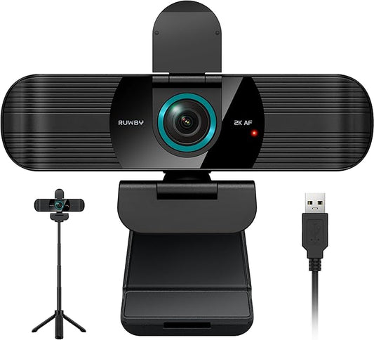 RUWBY QHD 2K Webcam with Built-in Dual Mics, Wide-Angle Lens, Privacy Cover, Tripod Stand, Autofocus Computer Camera, Plug and Play for Desktop PC or Laptop