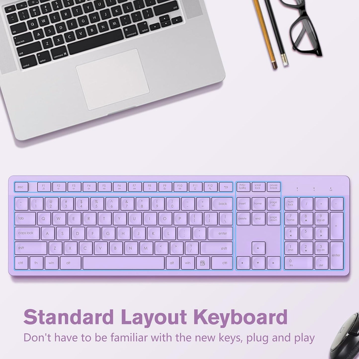 LeadsaiL Purple Wireless Keyboard, 2.4GHz Full-Sized Ergonomic Computer Keyboard, Cordless Noiseless Keyboard,12 FN Shortcuts for Windows MacOS Laptop Computer