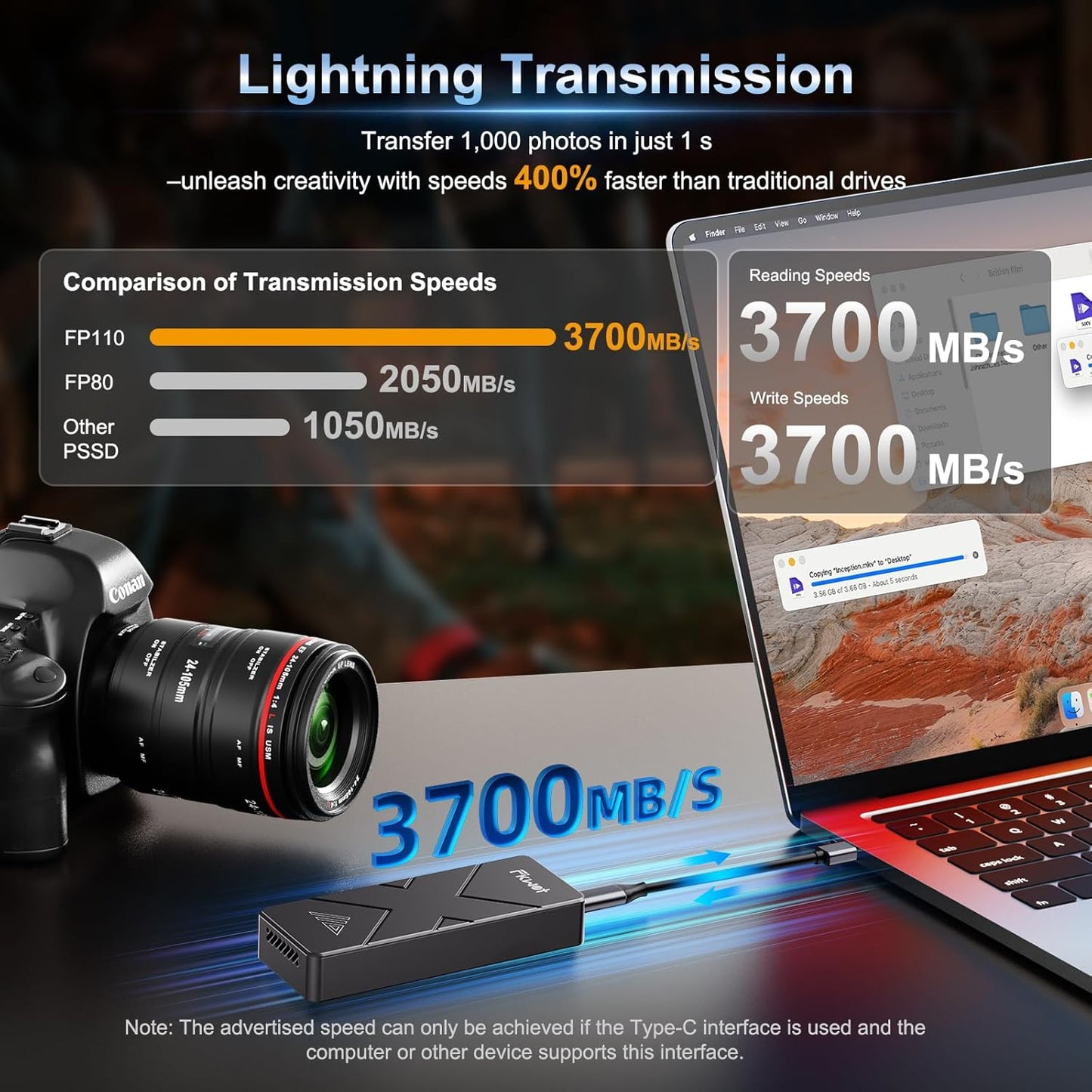 2TB External SSD, USB4 40Gbps Portable SSD 2TB with Cooling Fan, Up to 3700MB/s, External Solid State Drives Compatible with Mac mini, iPhone 15/16 Series, Tablets, MacBook, iPad, iMac, etc(FP110)