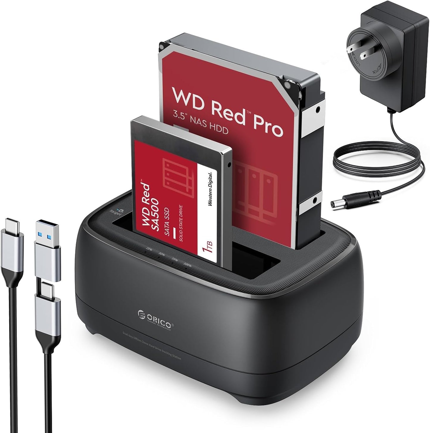 ORICO Hard Drive Docking Station with Offline Clone USB 3.2 Gen 1 to SATA Hard Drive Dock Dual Bay for 2.5&3.5 Inch SSD HDD Up to 44 TB with 12V Power Supply, Tool-Free and UASP Supported (DD28C3-C)