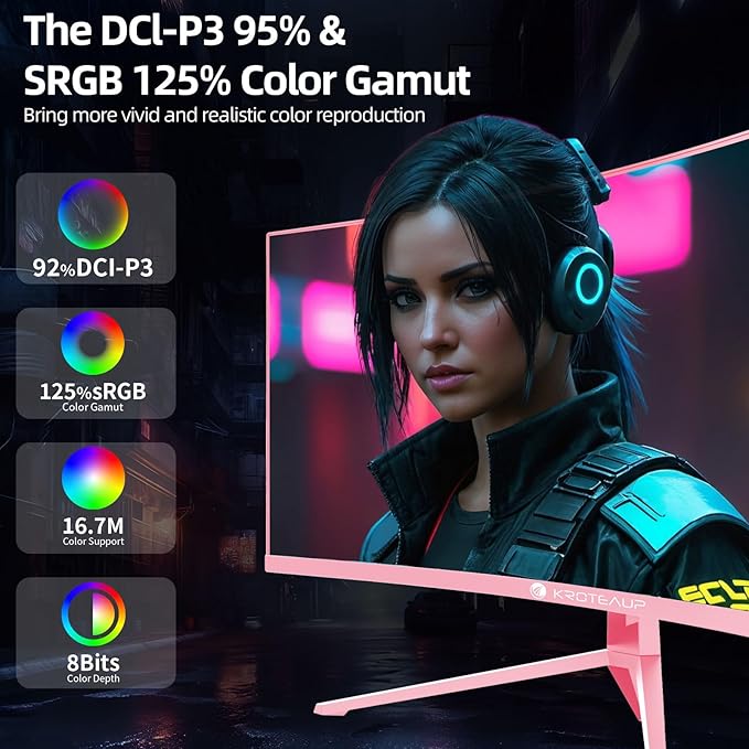 Pink 34 Inch Curved Gaming Monitor, 3440x1440 165Hz Ultrawide Computer Monitor, HDR400 1500R -Pip 1ms(Mprt) ‌125% sRGB, Dci-P3 92%, HDMI/DP, Port, Suitable for Games and Office Work