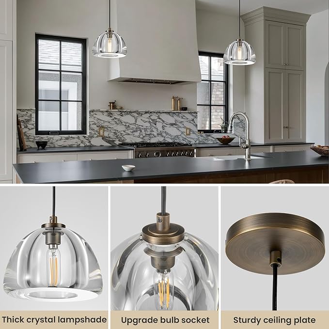 Aged Brass Crystal Pendant Light: 7" Dimmable Antique Copper Hanging Pendant Light Fixtures over Kitchen Island - Modern Luxury Bathroom Dining Room Brushed Pendants Lighting 3000k e12 Bulb Included