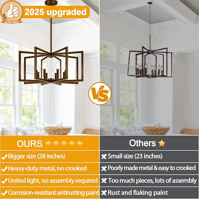 28" Modern Oil-Rubbed Bronze No Assembly Required Chandelier for Dining Room, Bronze Dining Room Light Fixture Over Table, Industrial Metal Hanging Pendant Light for Kitchen Island, Entryway, Foyer