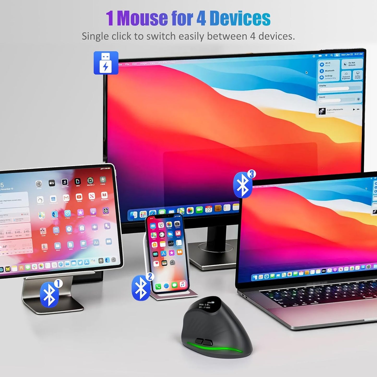 TRELC Wireless Ergonomic Mouse with OLED Screen, Rechargeable Silent Vertical Mouse for 4 Devices Connection (BT+2.4GHz), 4000 DPI, 7 Buttons for Windows/PC/Desktop/Laptop/Tablet (Dark Gray)