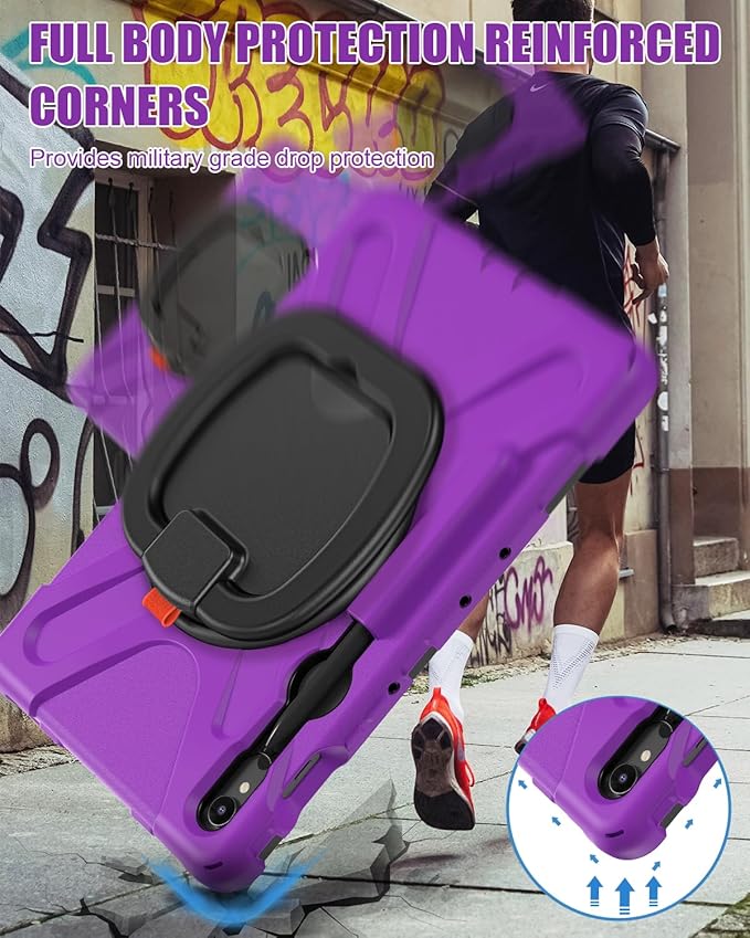 BRAECN Rugged Case for Samsung Galaxy Tab S10 Lite/S10 FE 2025 & S9 FE/S9/S8/S7 10.9/11 Inch | Shockproof Protective Silicone Cover with Rotating Stand, Kickstand, Shoulder Strap & Pen Holder, Purple