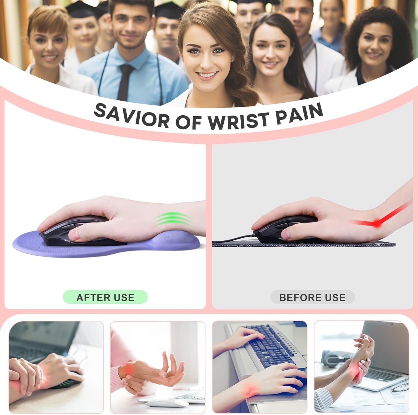 JIKIOU Mouse Pad, 2 Pack Ergonomic Mouse Pads with Comfortable Gel Wrist Rest Support and Smooth Cloth, Non-Slip PU Base for Easy Typing Pain Relief Durable and Easy to Clean Small Purple