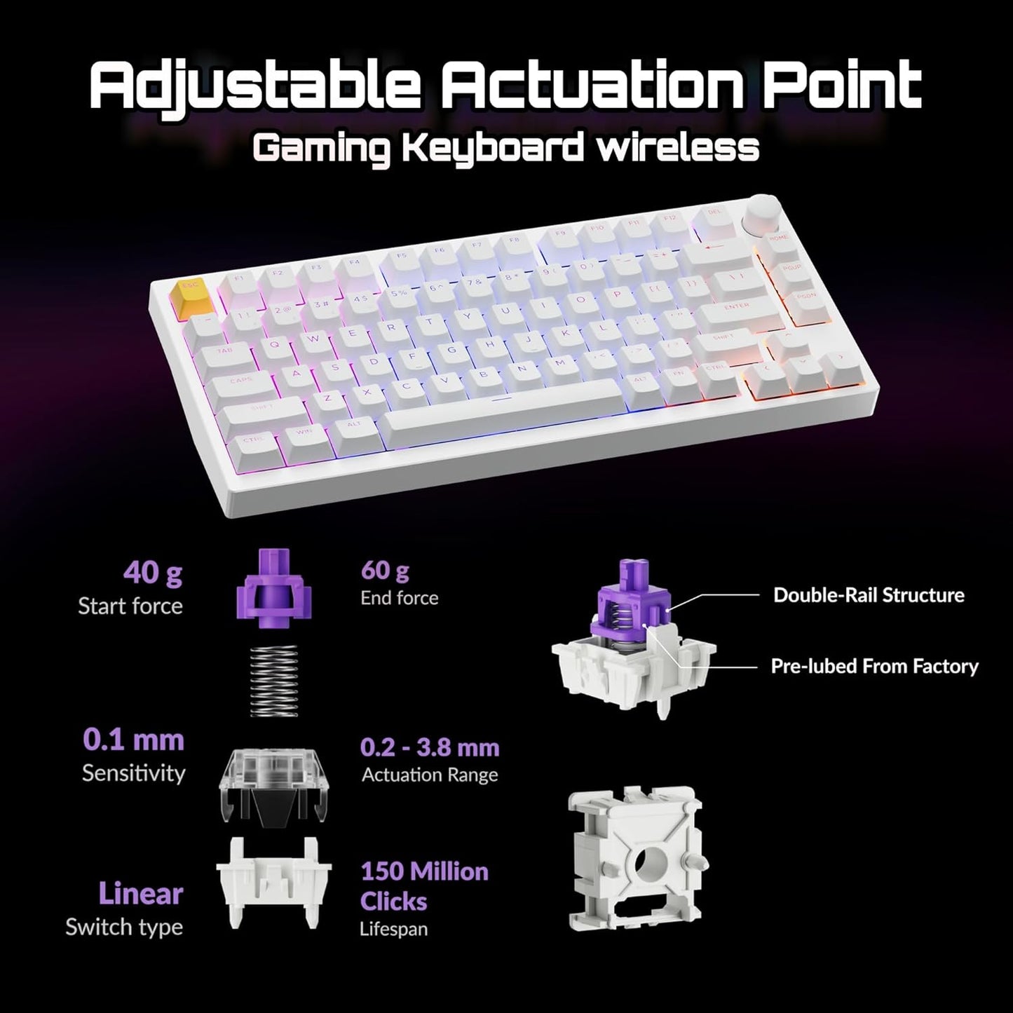 P1 HE 75% Wireless Custom Mechanical Gaming Keyboard with Gateron Double-Rail Magnetic Switches Knob Version, QMK 2.4 GHz Bluetooth 5.2 RGB Backlight Compatible with Mac Windows Linux-White