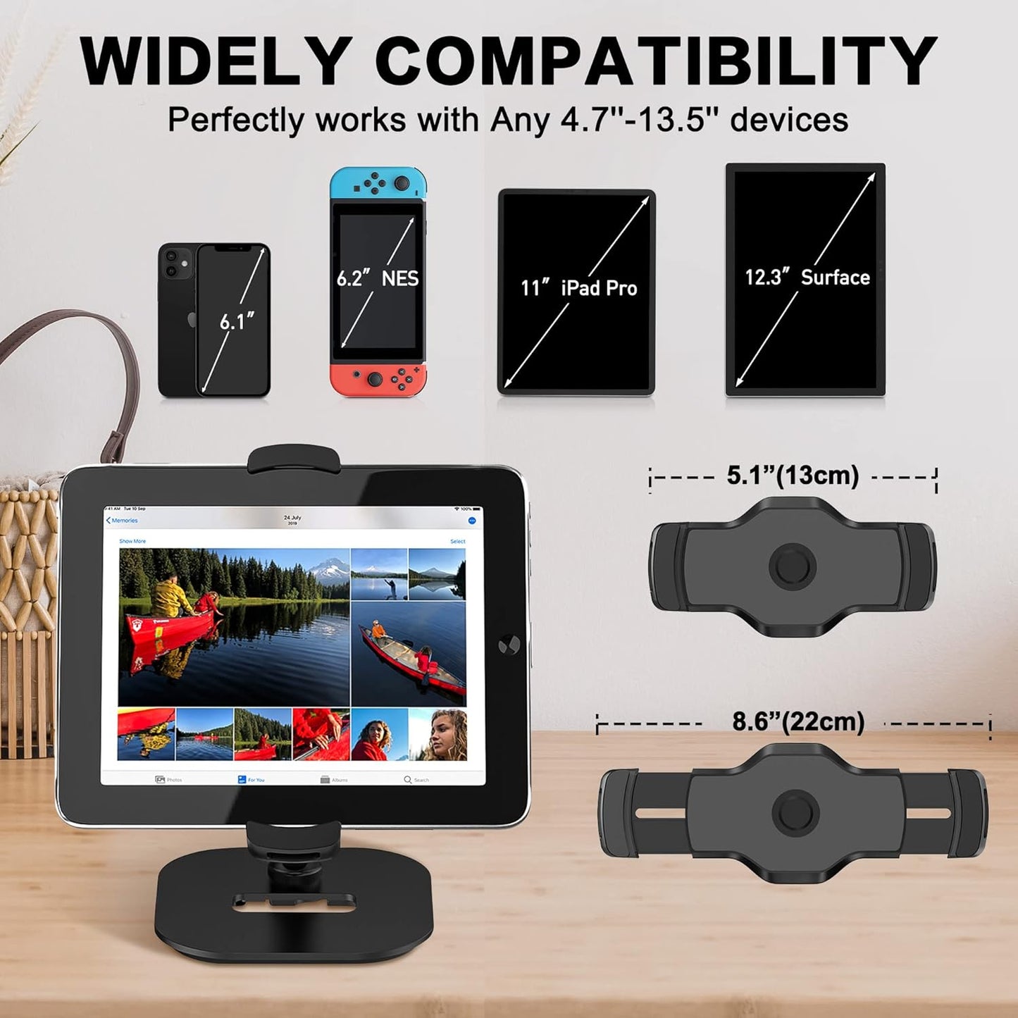 AboveTEK Upgraded Desktop Tablet Stand, 360° Swivel Tablet & Phone Desk Mount Holders for Any 4.7''-13.5'' Display iPad/Cell Phones, Stylish & Sturdy Stands for Store Office Showcase Reception (Black)