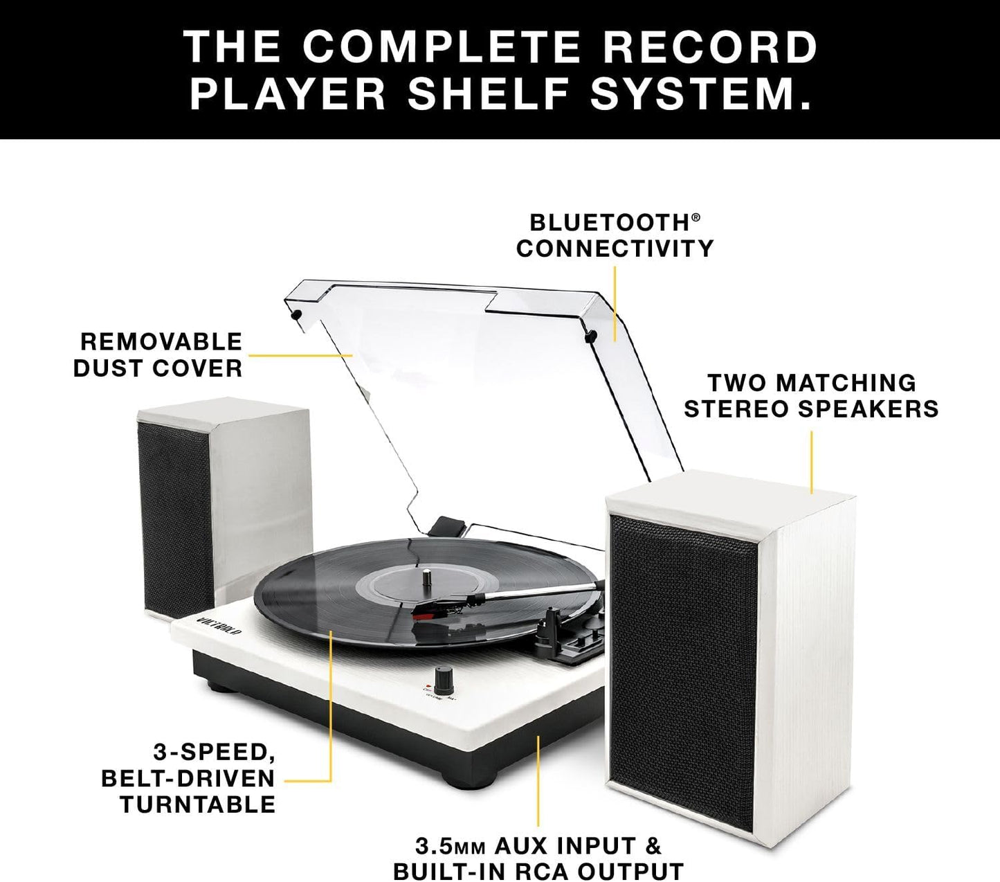 Victrola Montauk Vinyl Record Player, White Wood Finish, 3-Speed Belt Driven Turntable with Stereo Bluetooth Speaker Pair, RCA Output and 3.5mm Headphone Jack, Removable Dust Cover