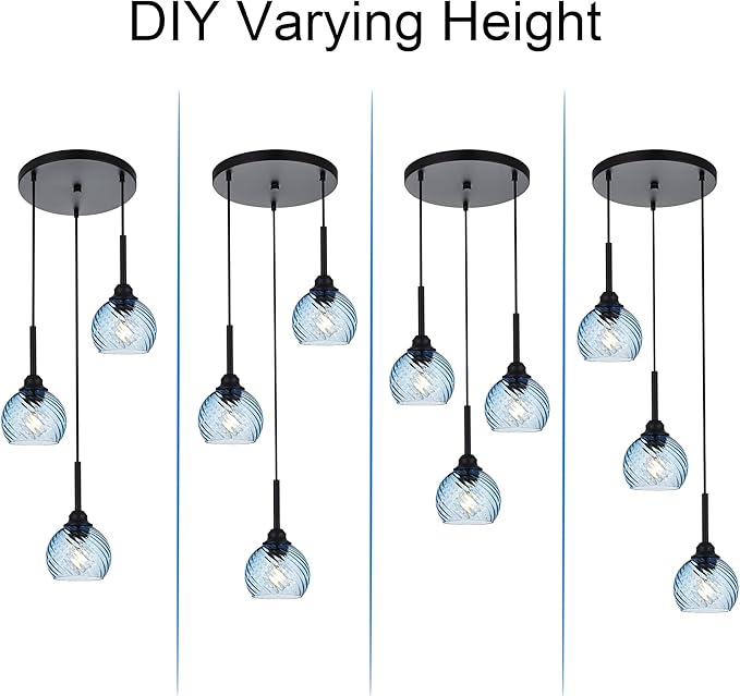3 Light Pendant Lighting with Striped Swirl Globe Glass Blue Cluster Pendant Light for Kitchen Island, Modern Dining Room Light Fixtures Over Table Hanging Ceiling Light, E26 Base