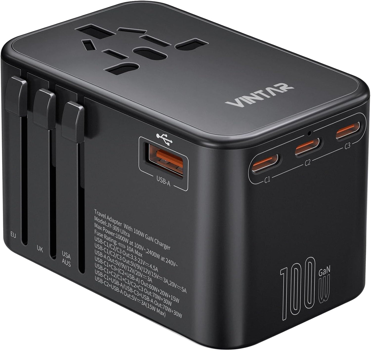 Universal Travel Adapter, VINTAR 100W GaN International Power Adapter with 3 USB-C PD Fast Charging and 2 USB-A QC, All-in-one Outlet Converter Charger for Europe UK USA AUS(Type C/G/A/I)