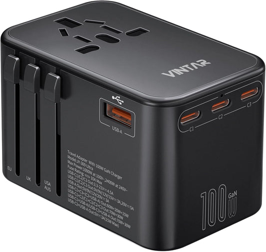 Universal Travel Adapter, VINTAR 100W GaN International Power Adapter with 3 USB-C PD Fast Charging and 2 USB-A QC, All-in-one Outlet Converter Charger for Europe UK USA AUS(Type C/G/A/I)