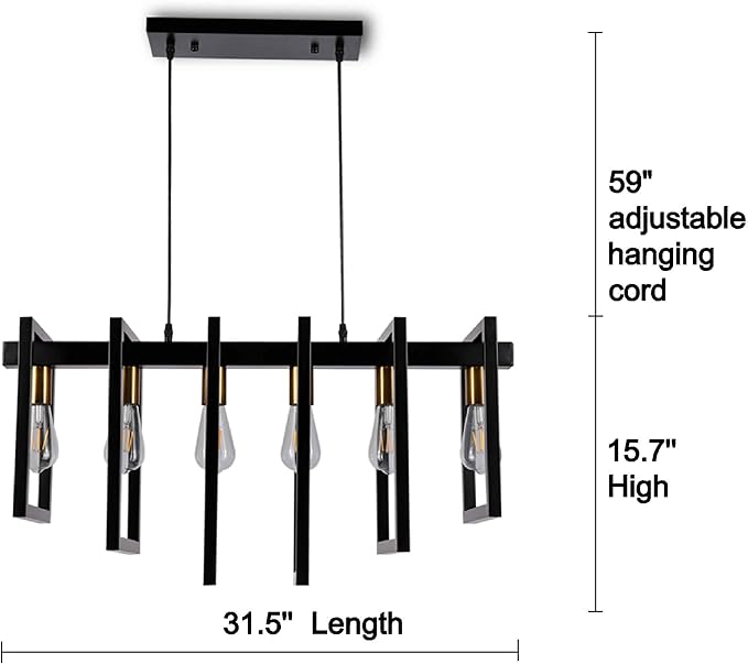 SomSom Modern Kitchen Island Light Pendant Chandelier 6-Light Ceiling Light Industrial Pendant Lighting Fixture Matte Black with Antique Brass Finish