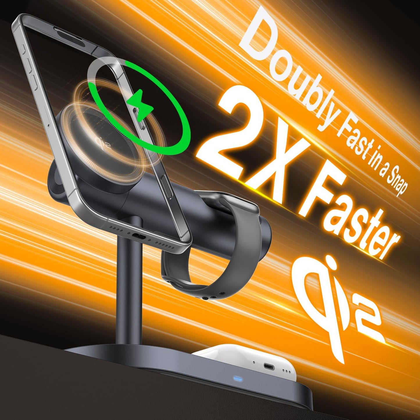 iVANKY Qi2 Certified 4 in 1 Wireless Charger Stand with Nightstand Light for MagSafe Magnetic Charging Station for iPhone 17/16 Plus Pro Max Air,Apple iWatch, Airpods (with 33 W PD Charger) ﻿