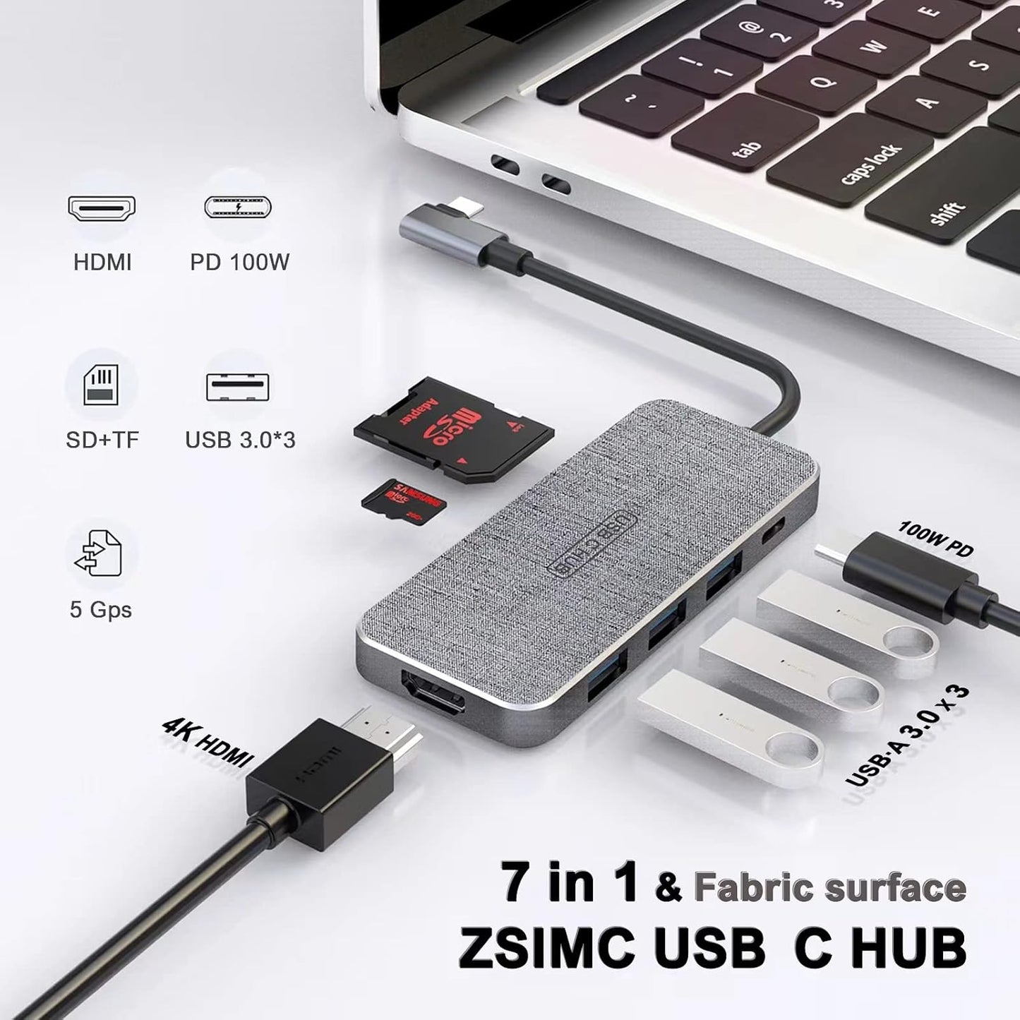 USB C Hub, ZSIMC 7-in-1 Docking Station Multiport Adapter with 4K HDMI, 100W Power Delivery, 3 USB 3.0 Ports, SD/TF Card Reader for MacBook Pro/Air, iPad Pro/Mini 6, Surface and More Type C Laptops
