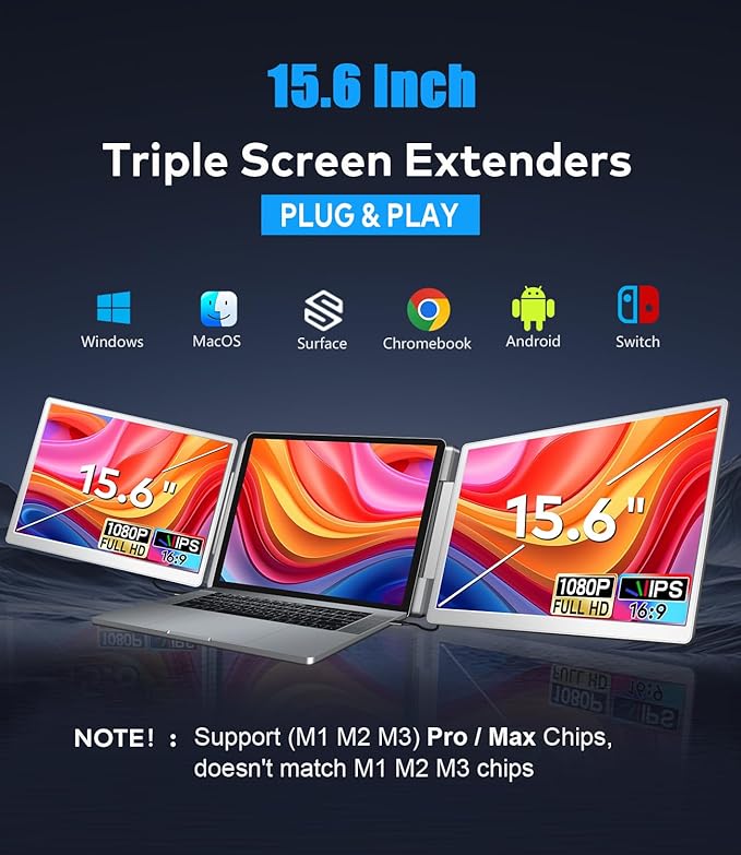 15.6" Laptop Screen Extender, Left Screen 360° Flip Triple Screen Monitor Extender, FHD 1080P IPS Portable Travel Monitor Display, fit for 12–18.5" Laptops, Compatible with Windows and MacBook-S10