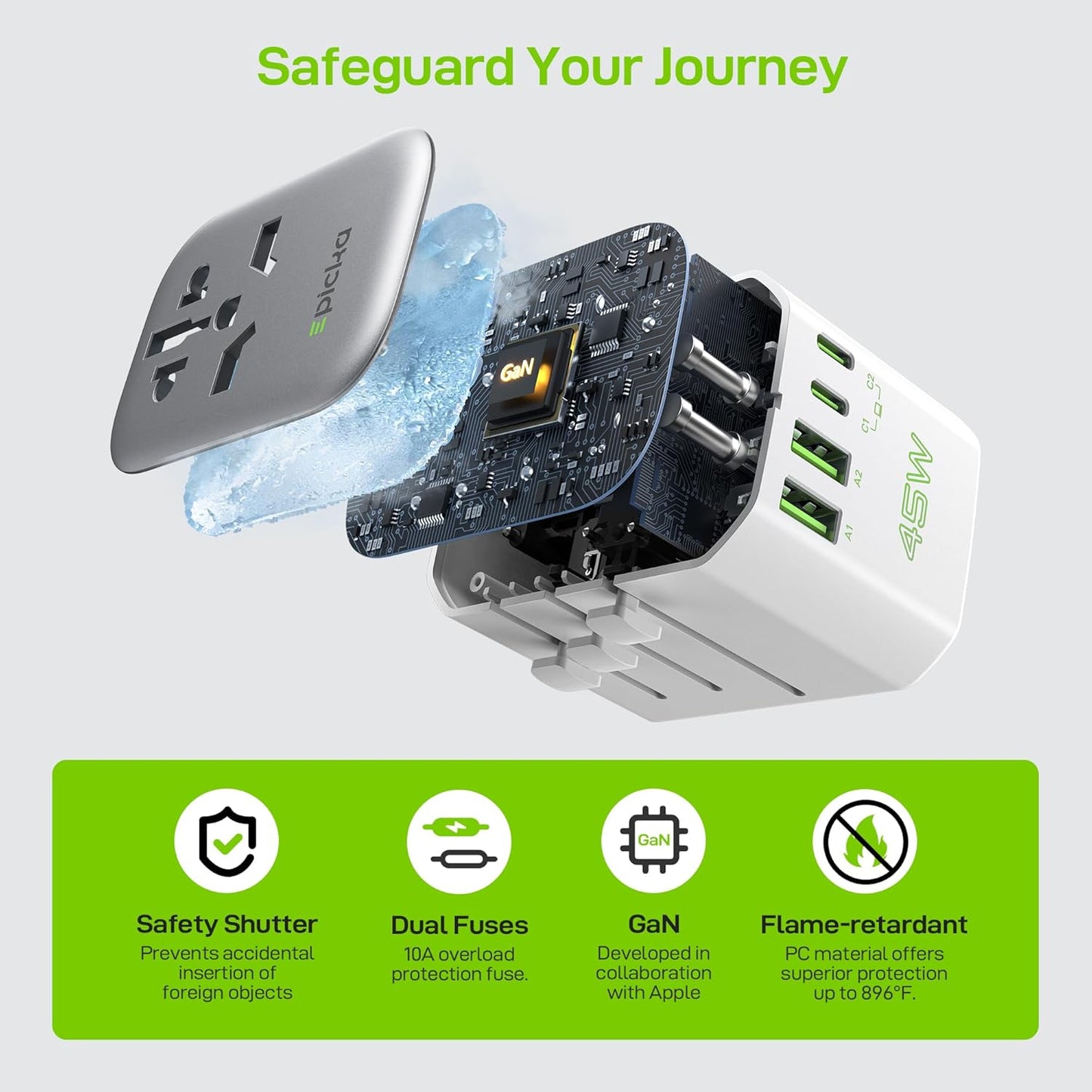 EPICKA Pulse 45W European Travel Plug Adapter, Universal Power Adapter with PD Fast Charging, 5-Port (1 AC/2 USB-A/2 USB-C) International Charger Adapter for Europe, Japan - Travel Essentials (White)