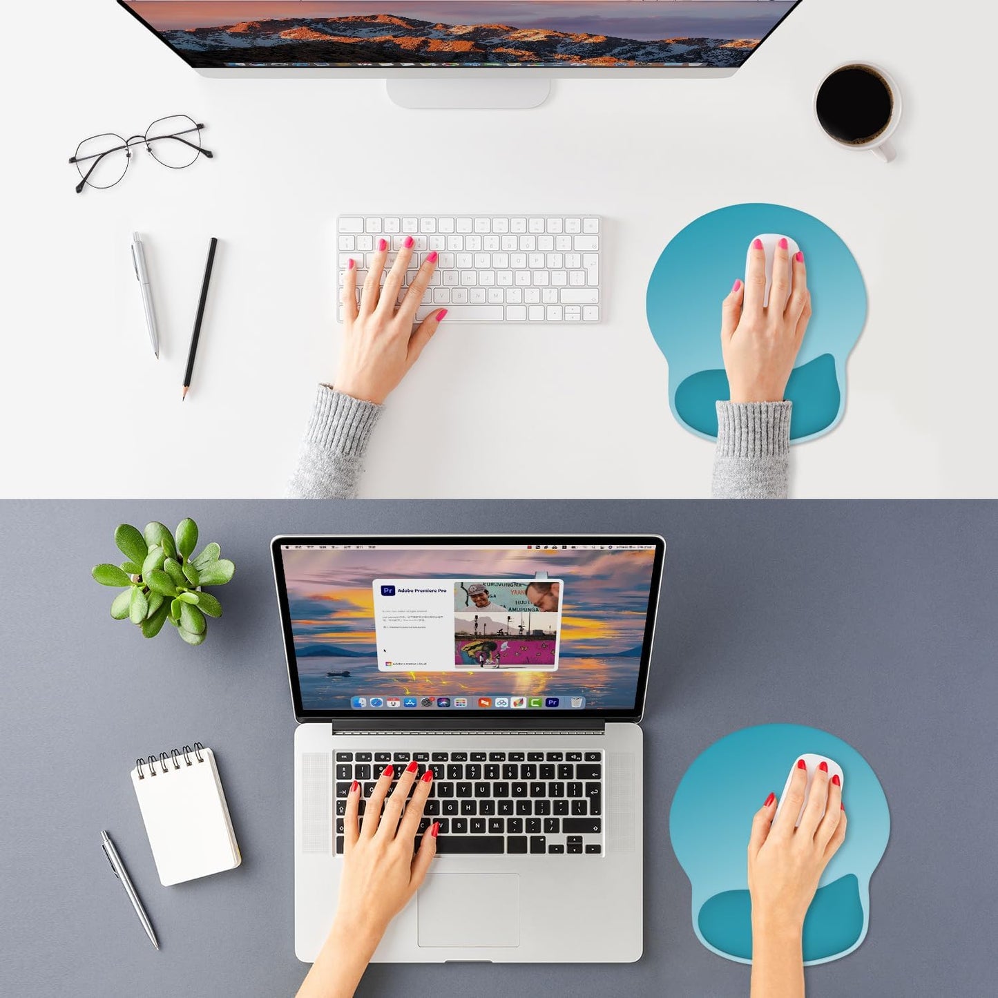 ITNRSIIET Ergonomic Mouse Pad with Wider Memory Foam Wrist Rest +17%, Curved Cushion Reduces Pressure 20%, Pain Relief, Non-Slip, Smooth, Cute Color Desk Accessory, 9.85 x 9 inch, Ombre Blue Gradient