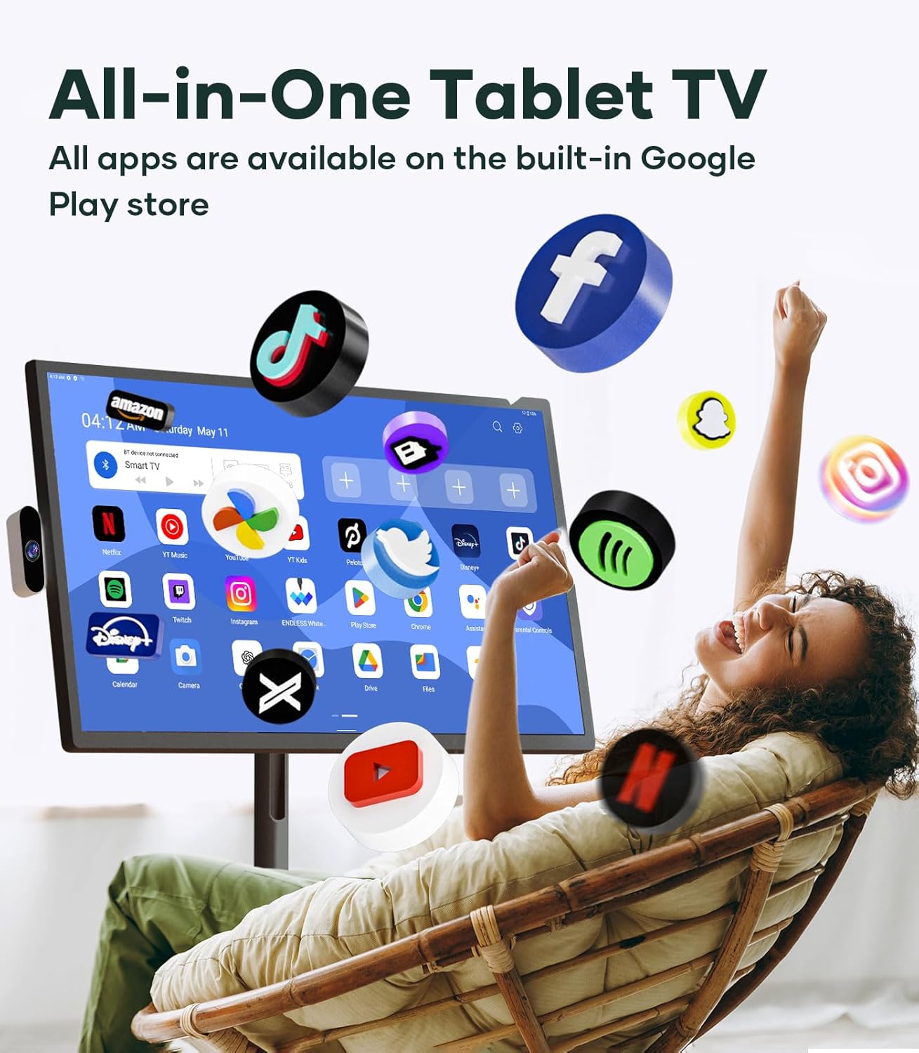 Cozyla Mate 32 Inch Mobile Portable TV Stand on Wheels Support Google Store Full Swivel Rotation Portable Touch Screen Monitor Built-in Battery Smart Rolling Tablet TV 4K Camera Remote Control Black