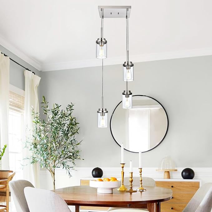 MELUCEE 4-Light Hanging Pendant Light Fixtures with Clear Glass Shade, Brushed Nickel Modern Chandelier Dining Room Light Fixtures Over Table Kitchen Island Lighting, Height Adjustable