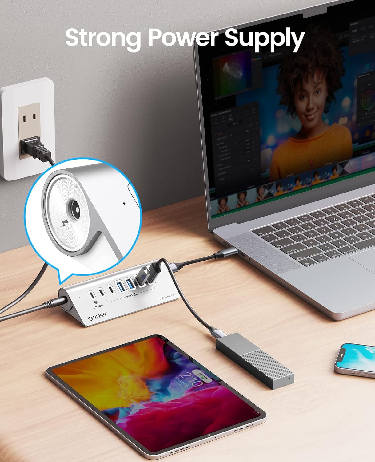 ORICO 7 Port USB Hub 10Gbps, Aluminum USB 3.2 Gen 2 Hub, 6 USB 3.2 Data Ports, PD 60W Ports, 1.64Ft C to C Cable, USB Data Hub for Laptop