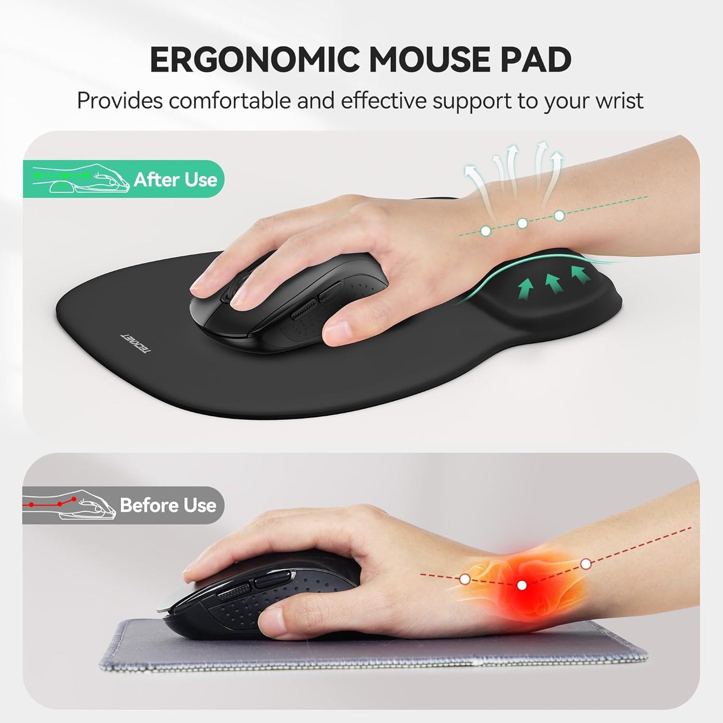 TECKNET Gel Mouse Pad with Wrist Rest, Ergonomic Office Mousepad with Wrist Support - Non-Slip & Smooth Surface Comfortable Desk Accessories Mat for Office, Gaming and Study - Charcoal Black