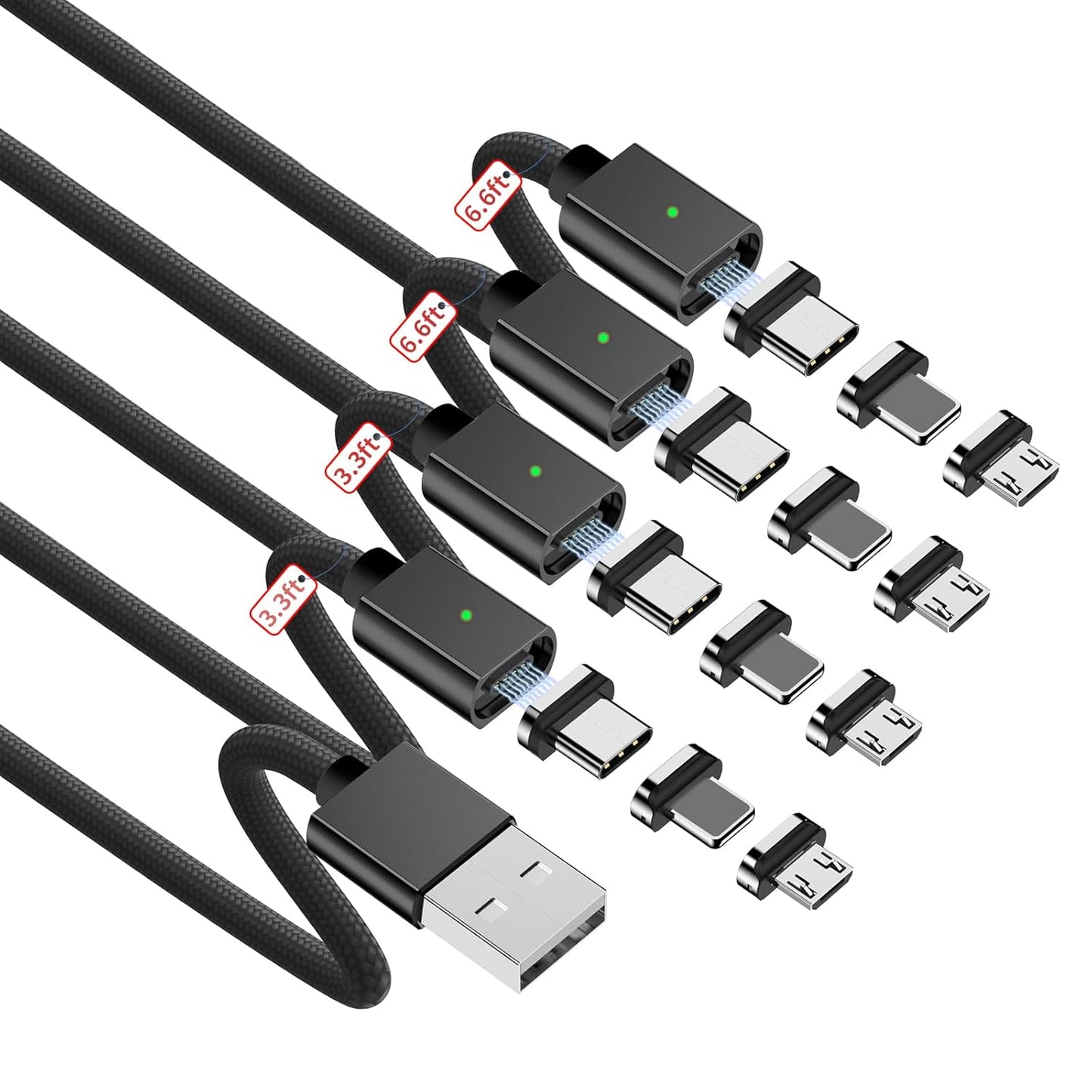 ZBF Magnetic Charging Cable 3A Fast Charging (4-Pack, 3.3/3.3/6.6/6.6 ft) 3 in 1 Magnetic Phone Charger, 480Mbps Data Transfer, USB A to Type C Charger Cable for USB-C/IproductMicro USB Device(Black)