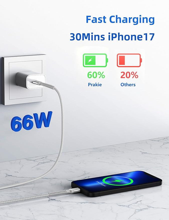 USB C to USB C Cable 10FT, 2Pack USB C Charger Cable, Long Type C Fast Charging Cable Nylon Braided USBC Charger Cord Compatible with iPhone 17/16/15/Plus/Pro Max/Samsung Galaxy S23 and More-Silver