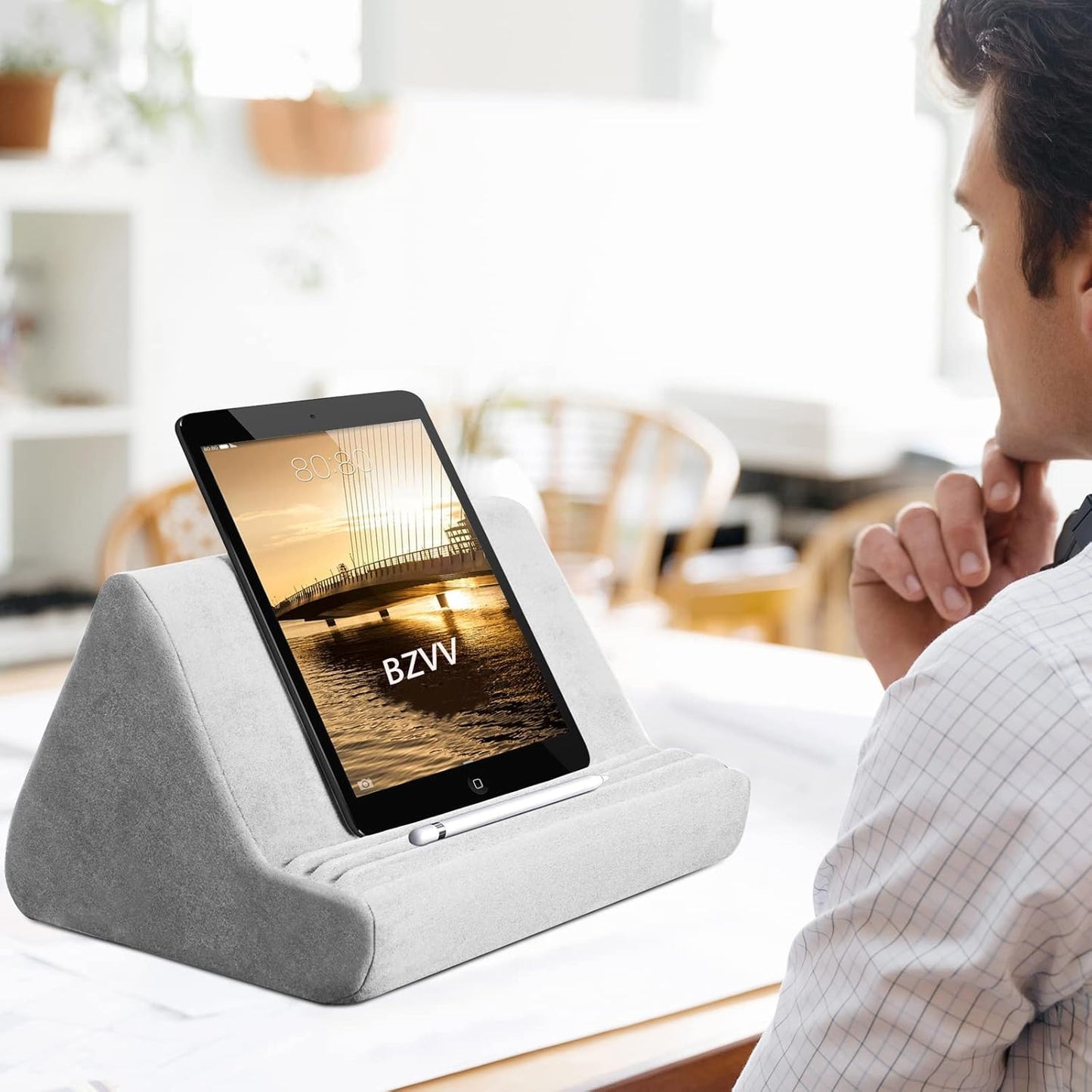 Soft Tablet Stand Pillow with Pocket,Tablet Cushion Stand,Adjustable 3 Viewing Angle,Lazy Holder Stand for Bed Sofa,Compatible with iPads Tablets eReaders Smartphones Books Magazines (Light Grey)…