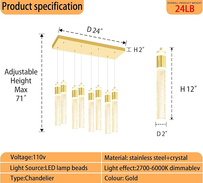 8-Lights Gold Hanging Pendant Light for Kitchen Island Modern Dimmable LED Crystal Chandeliers for Dining Room Bedroom Living Room Over Table Adjustable Height