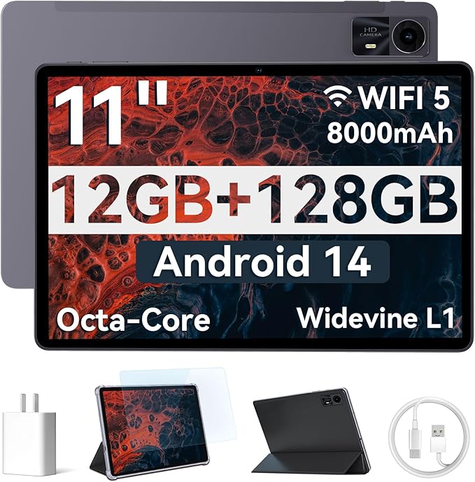 Android 15 Tablet, 12-inch Tablet with 20GB RAM 128GB ROM 1TB Expansion, T615 Octa-core Processor, 8000mAh, 2000x1200 2K Display, BT5.2, WiFi 5.0, 5MP + 13MP Dual Camera, Widevine L1, GPS (E20)