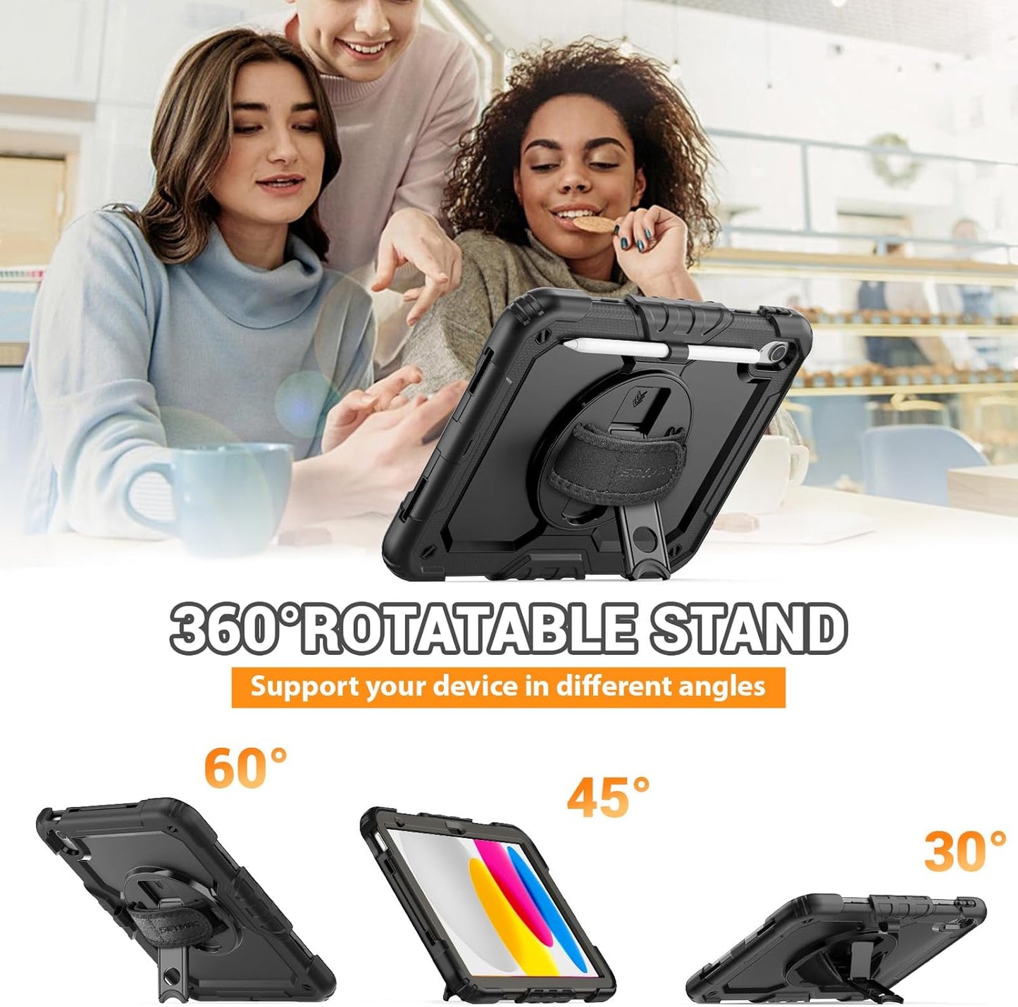 SEYMAC for iPad (A16) 11th/10th Generation Case 2025/2022 (11″/10.9″), Sturdy Heavy Duty Full-Body Shockproof Protective Case with Screen Protector, Rotating Stand, Hand/Shoulder Strap, Black