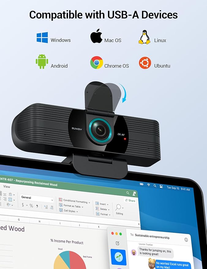 RUWBY QHD 2K Webcam with Built-in Dual Mics, Wide-Angle Lens, Privacy Cover, Tripod Stand, Autofocus Computer Camera, Plug and Play for Desktop PC or Laptop