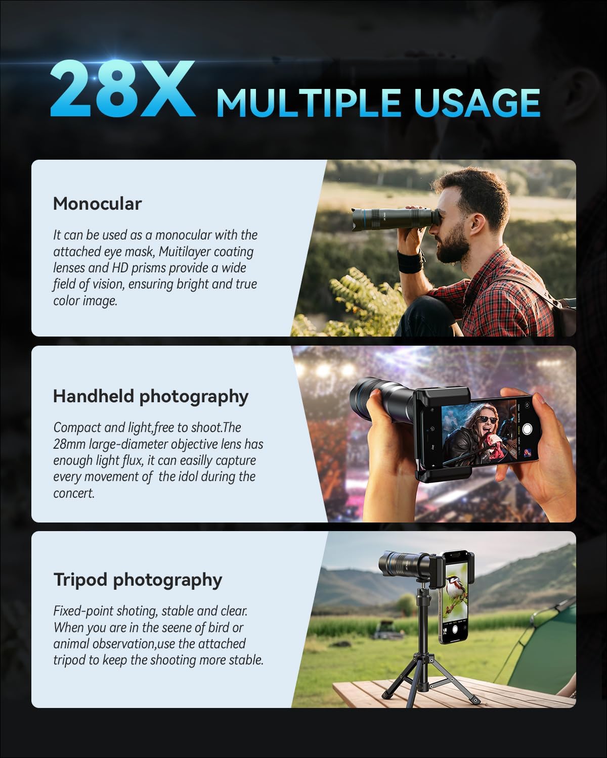 MIAO LAB 28X HD Telephoto Lens for iPhone Pro Max/Samsung/Android | High Power Zoom Camera Lens with Tripod Mount, Universal Smartphone Compatibility