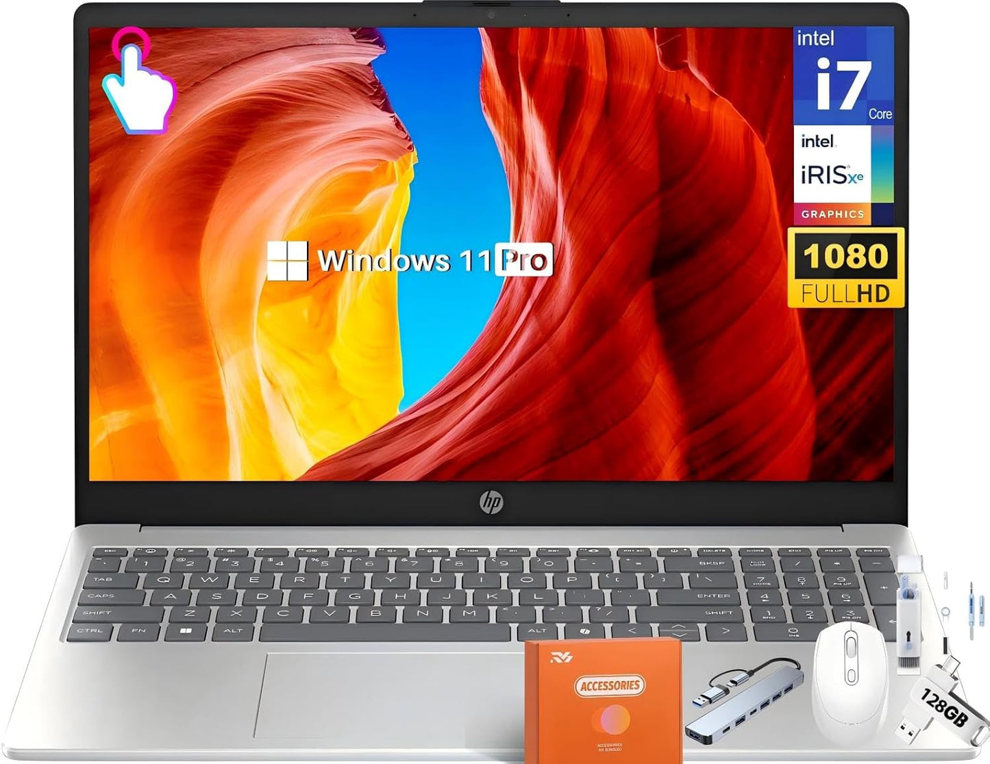 HP 15.6 Touchscreen Laptop Computer for Business, Intel 13th Gen i7-1355U(Up to 5.0 GHz), 15.6" FHD Touch Screen, 16 GB RAM, 1 TB SSD, Iris Xe GPU, Wi-Fi 6, HD Webcam, Windows 11 Pro, w/Accessories
