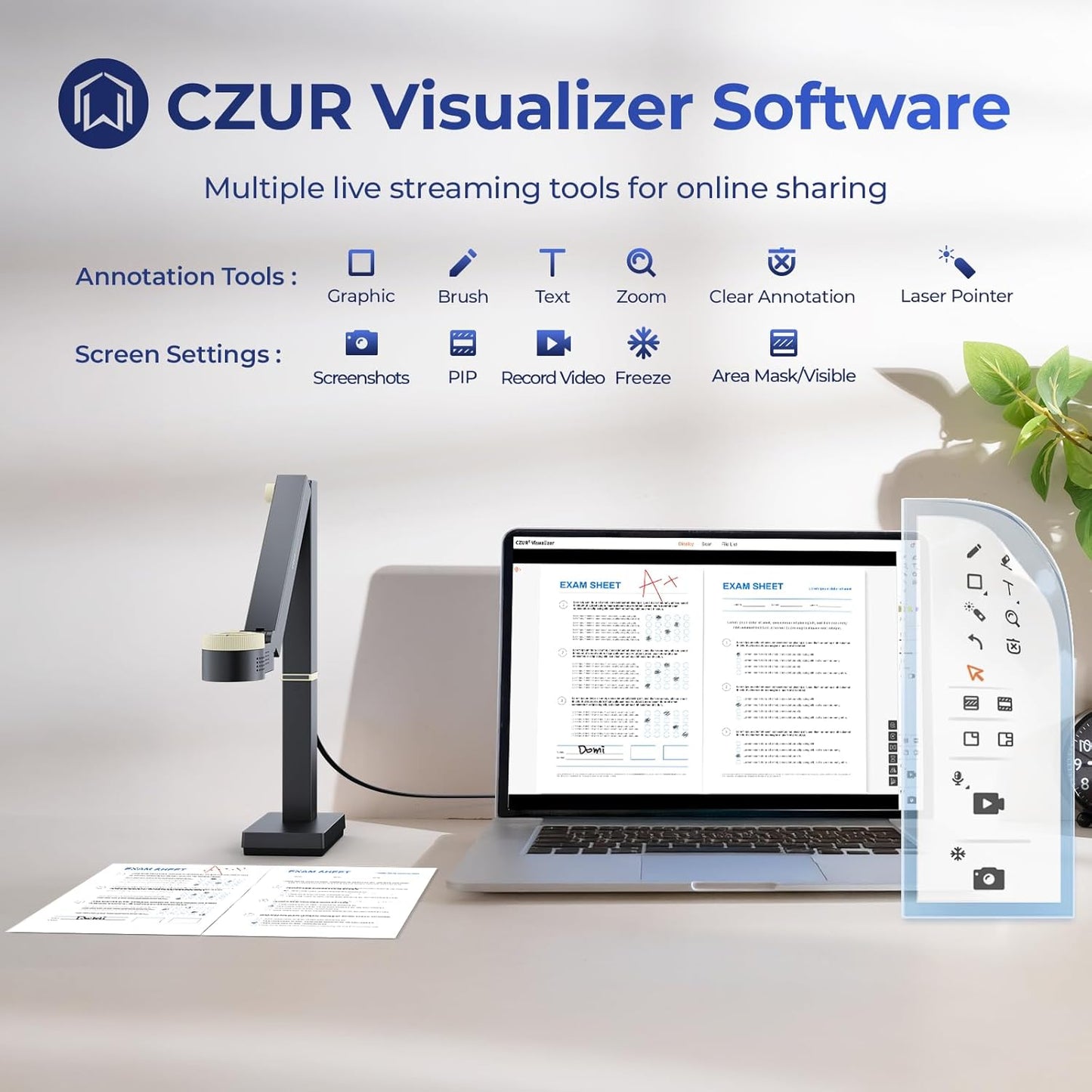 CZUR Fancy S Pro 12MP USB Document Camera for Teacher, 4K Webcam with Microphone and LED Light, Up to 60fps, Auto Focus, for Remote Teaching, Live Streaming, Web Conference, for Mac and Windows
