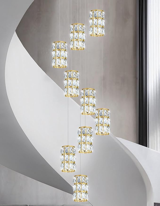 9-Lights Modern Crystal LED Dimmable for Staircase Foyer High Ceiling Chandeliers Hallway Gold