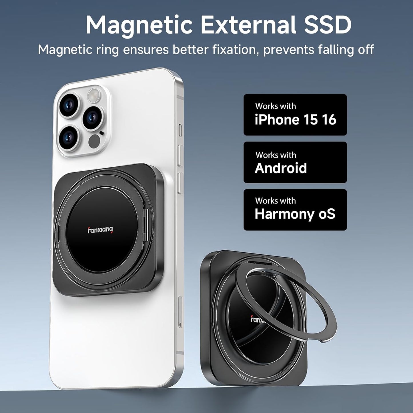 fanxiang 2TB Magnetic Portable SSD with 360° Rotating Stand, Up to 2000MB/s, USB-C 3.2 Gen 2x2 External Solid State Drive,Compatible with iPhone 15/16, Android,Mac, PC, and Tablets