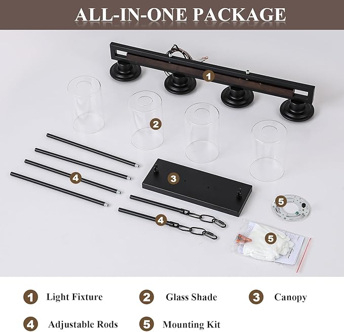 Farmhouse Dining Room Light Fixture, 4-Light Wood Kitchen Island Lighting for Dining Room Over Table, Black Adjustable Pendant Light with Clear Glass Shades, Linear Chandeliers Lighting for Kitchen