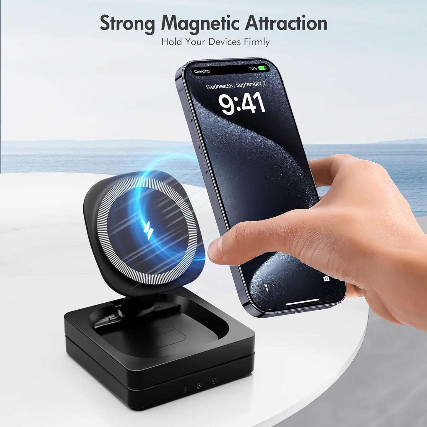 Magnetic Wireless Charger for iPhone: 3 in 1 for Travel 15W Fast Charging Pad Foldable for iPhone 16e 16 15 14 13 12 Pro Max - for Apple Watch Ultra and AirPods Series Magnet Multiple Devices (Black)